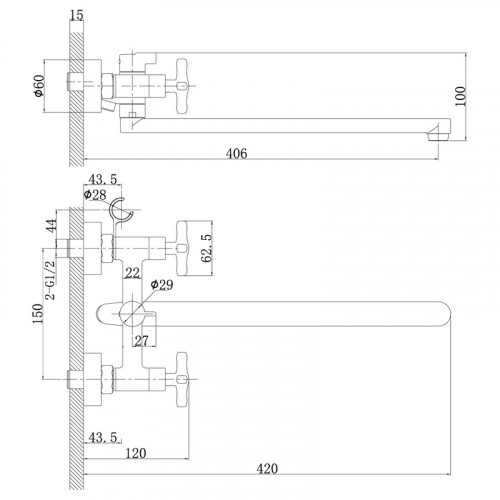 Смеситель для ванной плоский излив 350мм Rossinka RS39-84