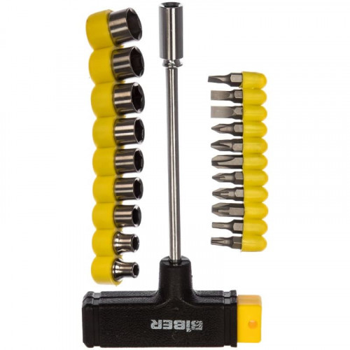 Отвертка с Т-образной рукояткой с набором бит и головок Бибер 85553