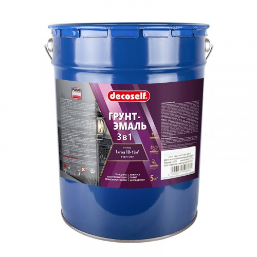 Грунт-эмаль по ржавчине 3 в 1 серая глянцевая быстросохнущая Decoself Pufas, 5кг