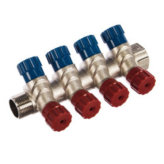 Коллектор регулируемый с наружной резьбой 1" с 4 выходами евроконуса 3/4" Valtec VTc.560.NE.060504