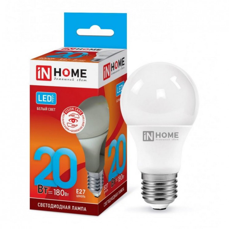 Лампа светодиодная LED-A60-VC грушевидная 20Вт 230В Е27 4000К белый, IN HOME 4690612020303