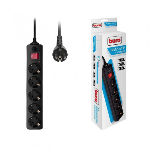 Удлинитель с сетевым фильтром 5х3м с заземлением 10А IP20 500SH-3-B CCA черный BURO