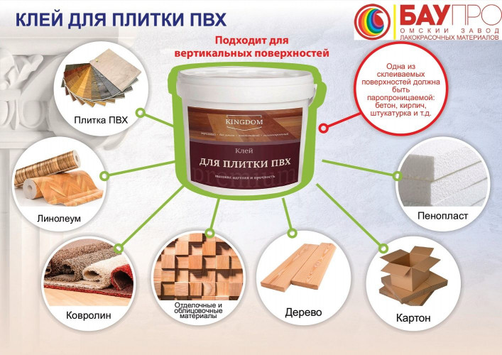 Клей для плитки ПВХ акриловый KINGDOM Premium, 6,5кг