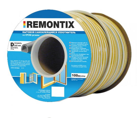 Лента уплотнительная REMONTIX D100 самоклеящийся (белый) 9х8мм, 100м