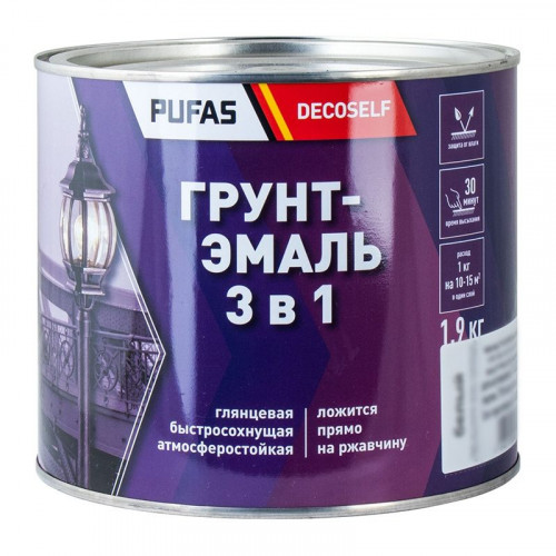 Грунт-эмаль по ржавчине 3 в 1 белая глянцевая Decoself Pufas, 1,9кг
