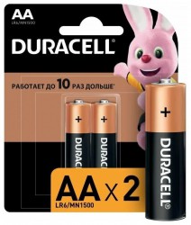 Батарейка АА пальчиковая AA/LR6/MN 1500 Basic BP-2, DURACELL, упаковка 2шт.