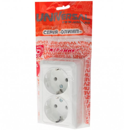 Розетка двухместная наружная Олимп, белая UNIVersal О0128 (с заземлением)