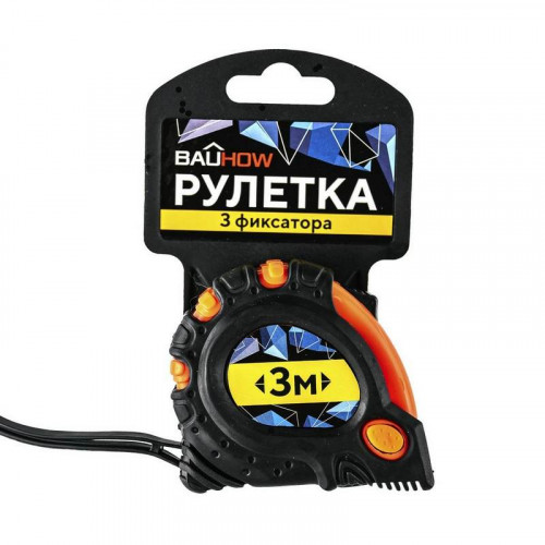 Рулетка обрезиненный корпус 3м*19мм с 3 фиксаторами Bauhow 40756