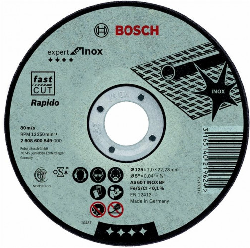 Диск отрезной по нержавеющей стали 125*1*22,2мм Expert for Inox Rapido BOSCH (прямой)