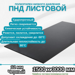 Полиэтилен низкого давления листовой ПНД 12мм 1500х3000мм Черный, без УФ