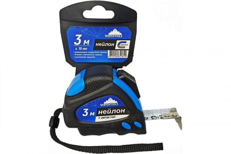Рулетка 3м*19мм нейлон, автостоп VertexTools 3044-3