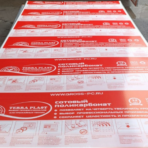 Сотовый поликарбонат 4мм Прозрачный 2,1х6м пленка с 1 стороны TerraPlast 0,6кг/м2