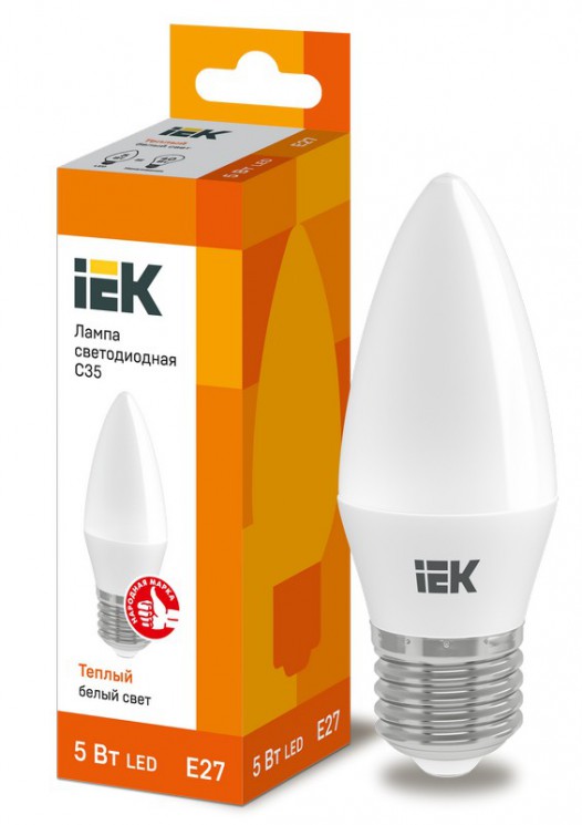 Лампа светодиодная ECO С35 свечеобразная 5Вт 230В E27 3000К теплый белый, LLE-C35-5-230-30-E27 IEK