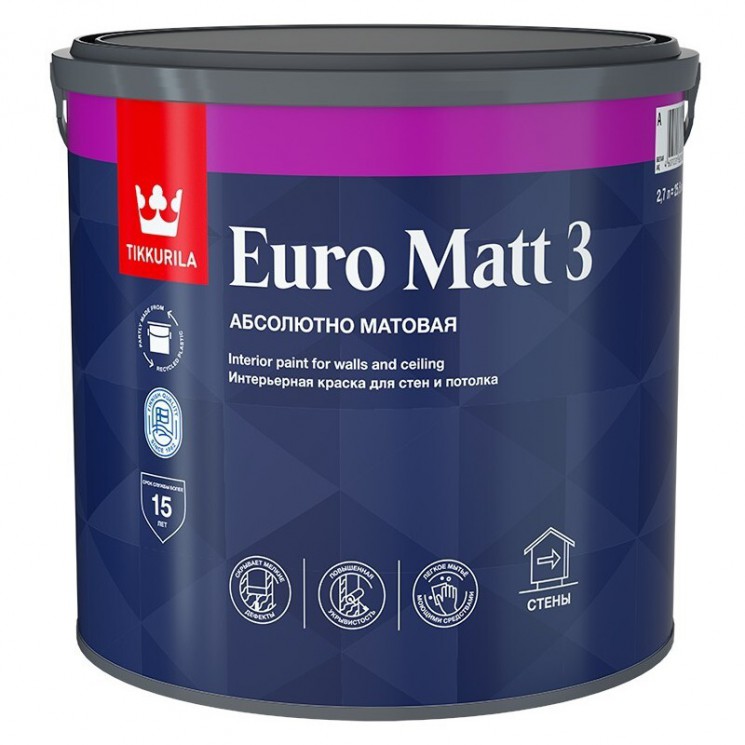 Краска моющаяся матовая EURO MATT 3 глубокоматовая База А TIKKURILA 9 л