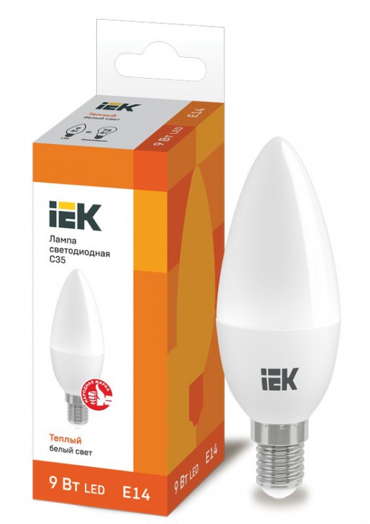 Лампа светодиодная ECO С35 свечеобразная 9Вт 230В E14 3000К теплый белый, LLE-C35-9-230-30-E14 IEK