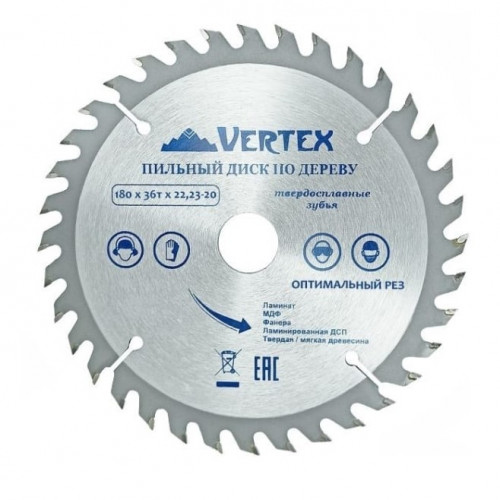 Диск пильный по дереву 180х22(20)мм, 36 зубов, Vertextools 180-36-22
