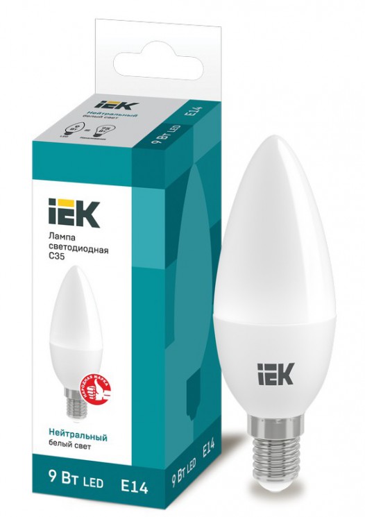 Лампа светодиодная ECO С35 свечеобразная 9Вт 230В E14 4000К белый, LLE-C35-9-230-40-E14 IEK