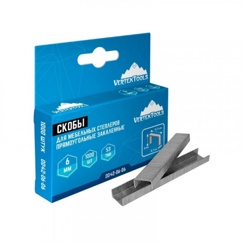 Скобы для степлера закаленные, тип 53 6мм, 1000шт VertexTools 0042-06-06