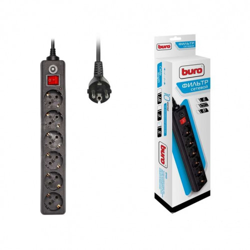 Удлинитель с сетевым фильтром 6х5м с заземлением 10А IP20 600SH-5-B CCA черный BURO