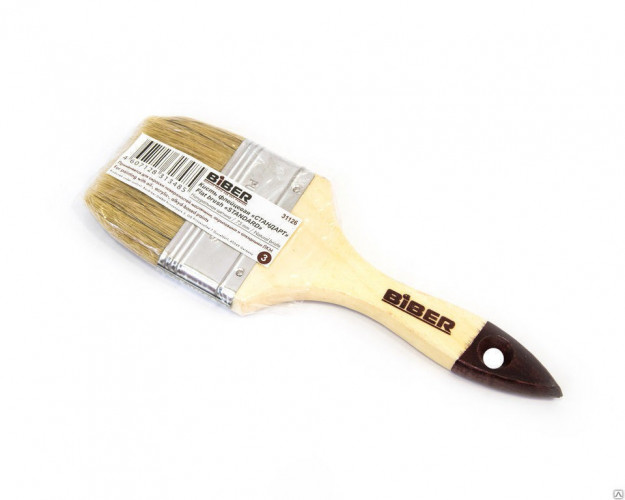 Кисть плоская 75мм, натуральная щетина, деревянная ручка, Стандарт Бибер 31126