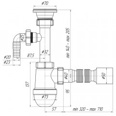Сифон с гибкой трубой 1 1/2х40 С0310 40х50мм с отводом для стиральной машины Ани Пласт