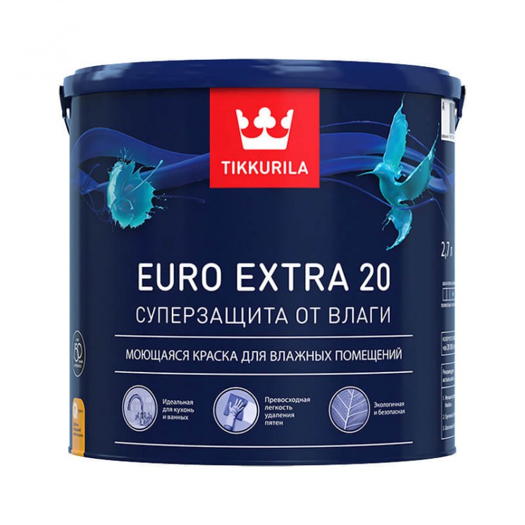 Краска акриловая Tikkurila Euro Extra 20 влагостойкая моющаяся полуматовая белый 2.7 л