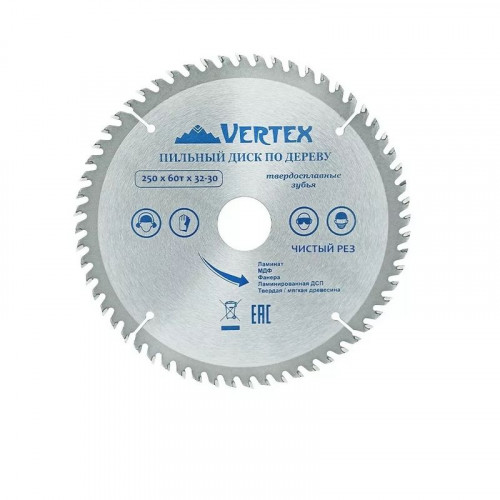 Диск пильный по дереву 250х32(30)мм, 60 зубов, Vertextools 250-60-32