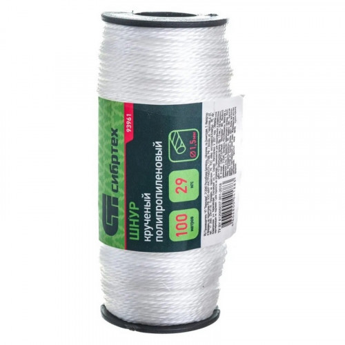 Шнур полипропиленовый крученый 1,5мм*100м белый 29 кгс Сибртех 93961