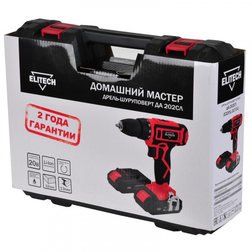 Дрель-шуруповерт аккумуляторная 20В, 2х1,7Ач, Li-Ion Elitech ДА 202СЛ (E2201.017.01)