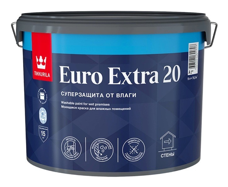 Краска акриловая Tikkurila Euro Extra 20 влагостойкая моющаяся полуматовая белый 9 л