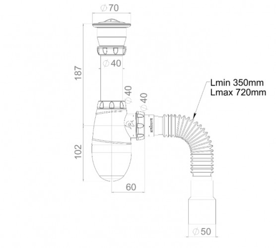 Сифон для мойки с гибкой трубой 1 1/2х40 40х50мм B220 Unicorn