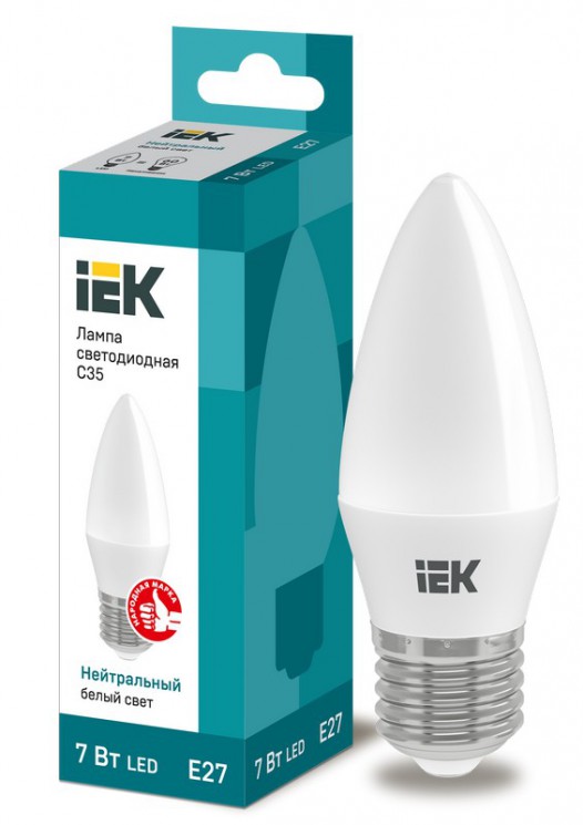 Лампа светодиодная ECO С35 свечеобразная 7Вт 230В E27 4000К белый, LLE-C35-7-230-40-E27 IEK