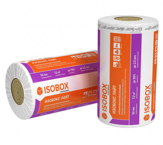 Теплоизоляция ISOBOX ЛАЙТ 45кг/м3 рулонная (6000x600x50мм) 2шт. 7,2м2 (0,36м3) Технониколь