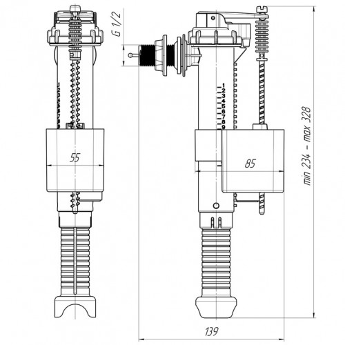 Арматура для бачка унитаза с боковой подводкой 1/2, пластиковый штуцер Ани WC5010
