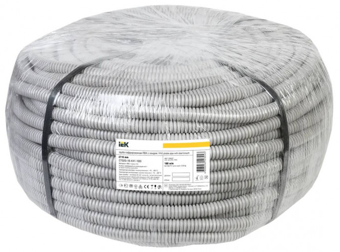 Труба гофрированная ПВХ 16мм с протяжкой легкая, серый IEK бухта 100м
