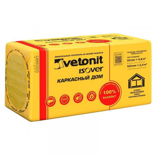 Утеплитель Ветонит (Isover) Каркасный дом 28кг/м3 1000х600х100мм, 4шт. 2,4м2 (0,24м3)