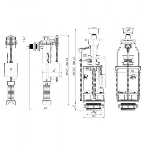 Арматура для бачка унитаза с боковой подводкой, двойная кнопка, Ани WC9010C