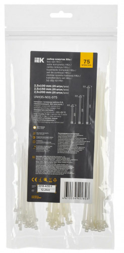 Хомут-стяжка 2,5*100/150/200 мм, 75шт, набор IEK