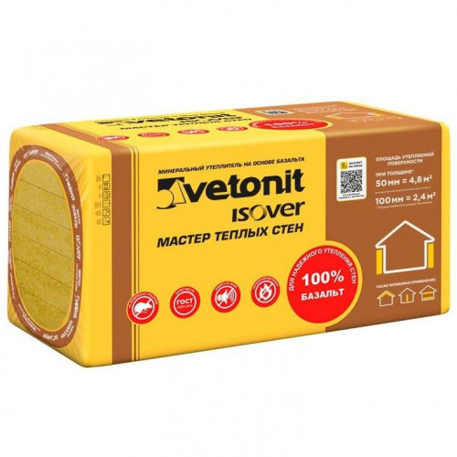 Утеплитель Ветонит (Isover) Мастер теплых стен 45кг/м3 (100х600х1000 мм) 4шт. 2,4м2 (0,24м3)