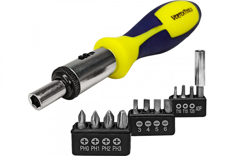Отвертка реверсивная + 11 бит, магнитная насадка Vertextools 0033-1