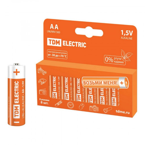 Батарейка алкалиновая AA/LR6, 1.5В, 8шт TDM