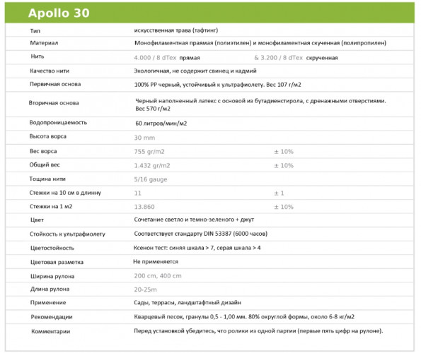 Искусственная трава Apollo 30 4м, Condor