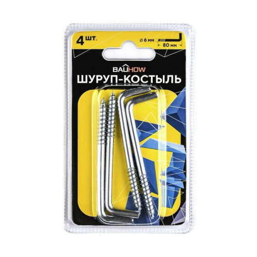 Шуруп-костыль 6х80 оцинкованный в блистере Bauhow, 4 шт