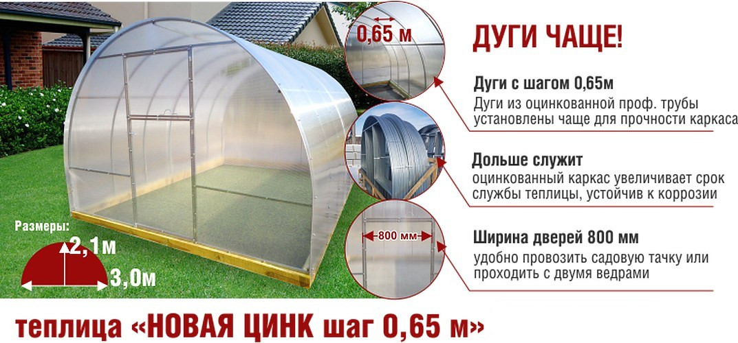 Теплица каркас "Новая-Цинк-Шаг 0,65" 3х8х2,1 м (ШхДхВ) оцинкованная 20х20мм, без окраски