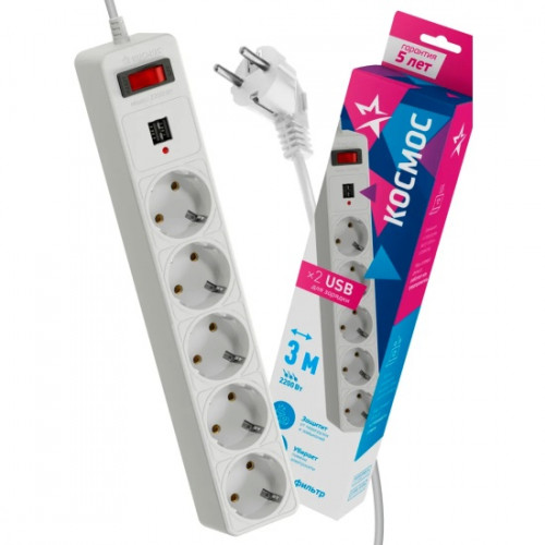 Удлинитель с сетевым фильтром 5х3м с заземлением, USB 10А IP20 Космос FKsm3m-5g(W)USB