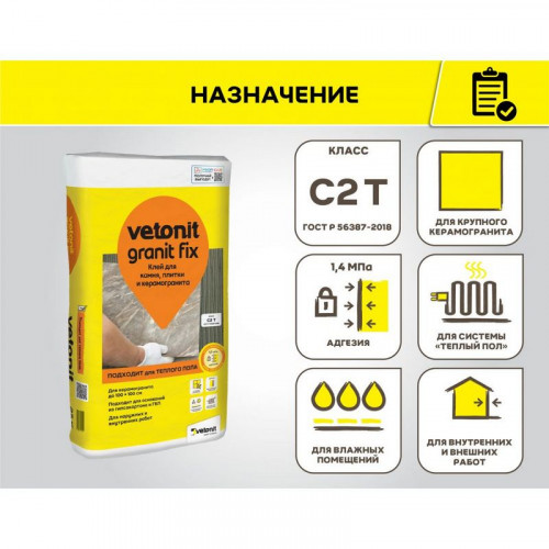 Клей для крупноформатной плитки и камня Vetonit Granit Fix, класс С2Т, 25 кг