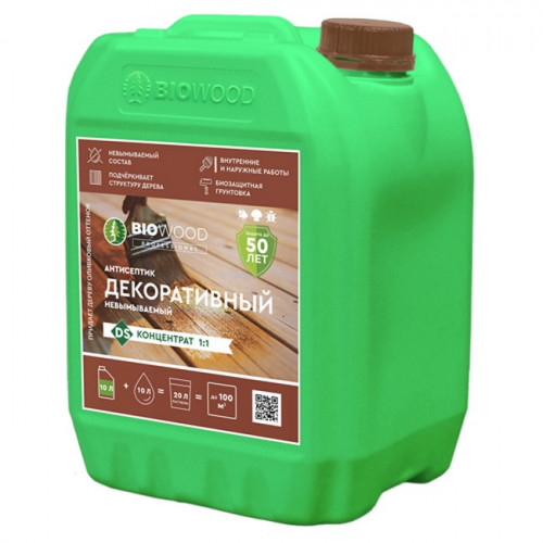 Антисептик невымываемый декоративный концентрат 1:1 Оливковый Biowood 10л