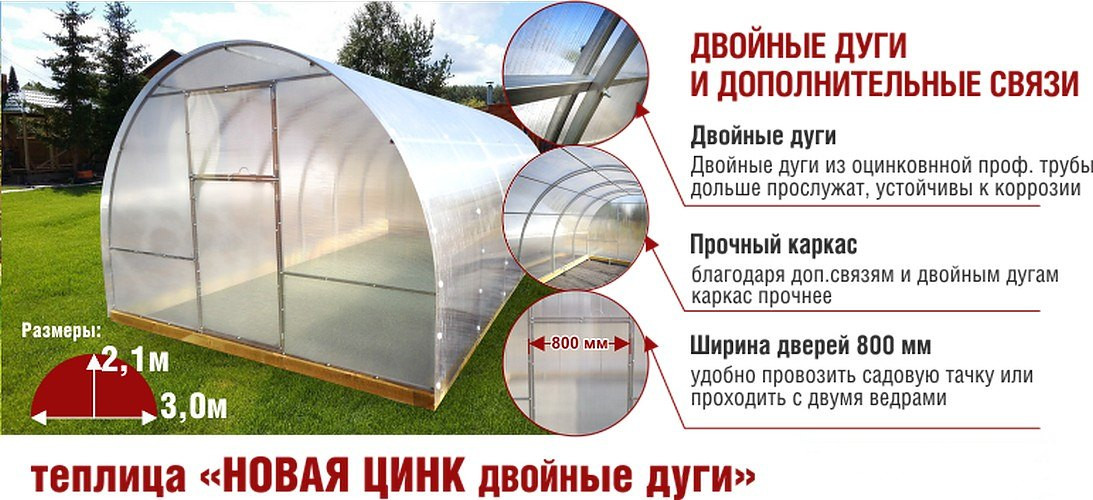 Теплица каркас "Новая-Цинк-Двойные дуги" 3х10х2,1 м (ШхДхВ) оцинкованная 20х20мм, без окраски