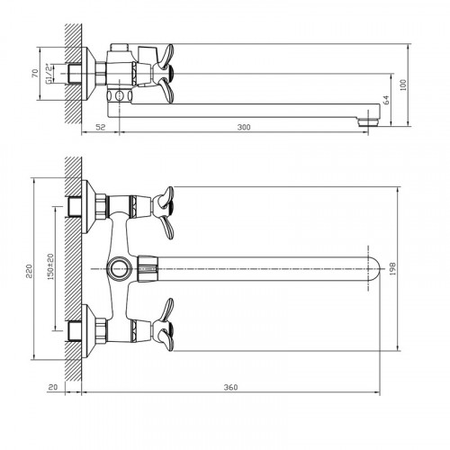 Смеситель для ванной двуручный плоский излив 350мм, Rossinka