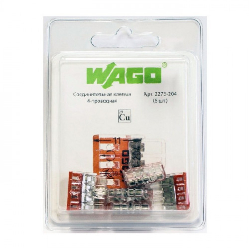 Клемма 4х(0,5-2,5кв.мм) WAGO 2273-204, 6шт